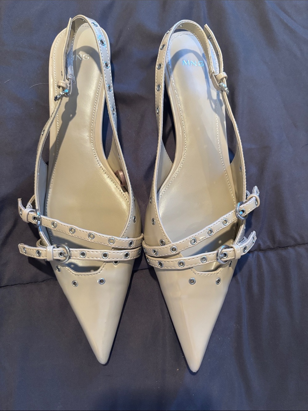 Mango Vany Studded Slingback Kitten Heels Pointed Toe Buckle size 7.5
